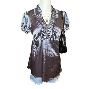 Rhapsody Satin Ruffle V-Neck Blouse Y2K Coquette Preppy